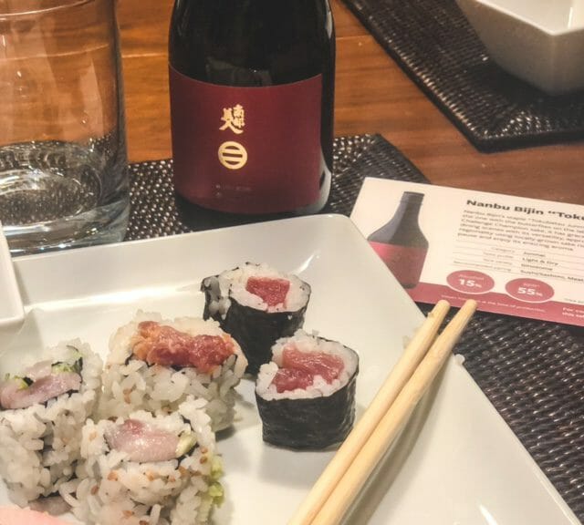 naju bijin sake with sushi on plate-tippsy sake reviews-mealfinds
