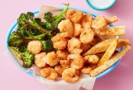 Dinnerly-Crispy Shrimp with Oven Fries & Garlic-Butter Broccoli