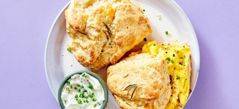 Cheddar-Rosemary-Scones-with-Chive-Cream-Cheese-Soft-Scrambled-Eggs-Dinnerly