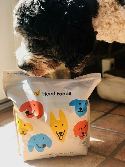 Dog Sniffing Heed Foods Package - Heed Foods Premium Dry Dog Food Review - MealFinds