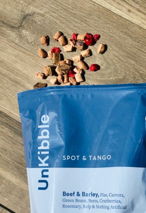 unkibble-beef-spot-tango beef and barley kibble spilling out of bag onto floor-Spot and Tango Reviews-mealfinds