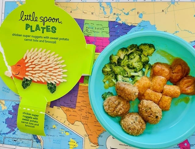 little-spoon-chicken-nuggets on plate on map placemat-little spoon plates and blends reviews-mealfinds