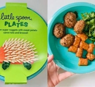 chicken nuggets with tots and broccoli on plate side by side with packaging-little spoon reviews-mealfinds