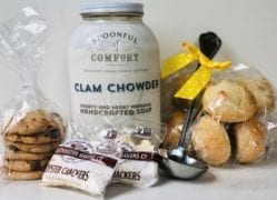jar of clam chowder package of cookie rolls crackers and ladle-spoonful of comfort reviews-mealfinds