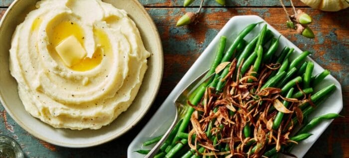 Martha-s-Cream-Cheese-Mashed-Potatoes-Green-Beans-with-Crispy-Shallots-Lemon-Marley-Spoon Thanksgiving 2023