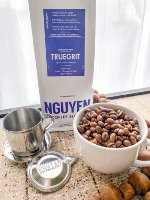 nguyen truegrit coffee bag and bean in mug with phin kit-nguyen coffee supply reviews-mealfinds