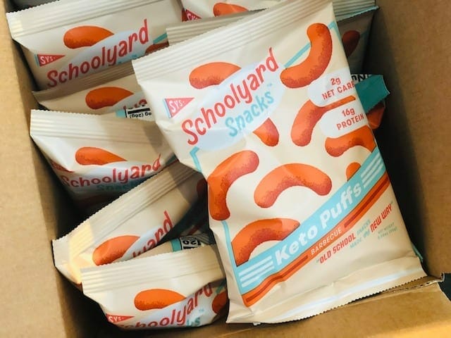 schoolyard-snacks bbq-keto-cheese-puffs in box - schoolyard snacks reviews-mealfinds