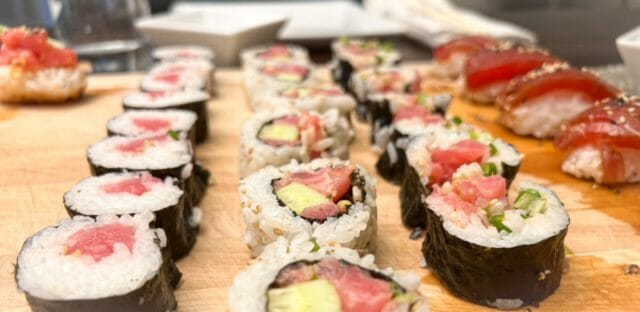 homemade sushi rolls on board-sushify sushi making kit review-mealfinds