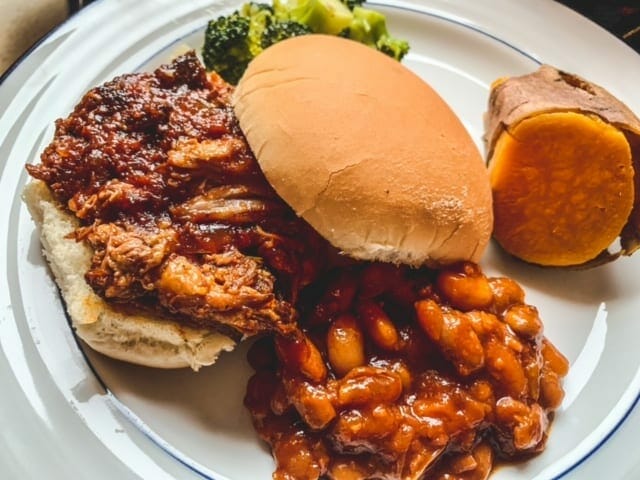 bbq pork sandwich with beans and brocooli-what a crock crock pot meals reviews-mealfinds