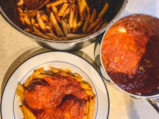 cooked sausage meatballs and pasta-what a crock crock pot meals reviews-mealfinds