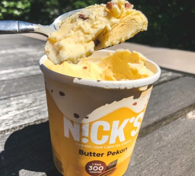 nicks butter pekan ice cream on spoon-nicks ice cream reviews-mealfinds
