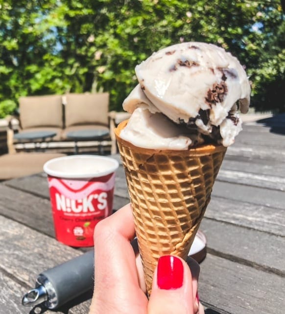 nicks cherry chocolate ice cream in a cone-nicks ice cream reviews-mealfinds