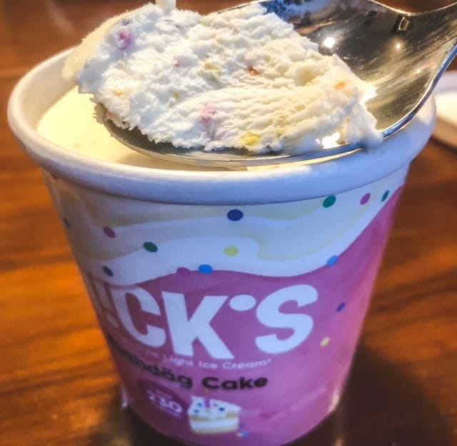 birthdag cake ice cream on spoon-nicks ice cream reviews-mealfinds