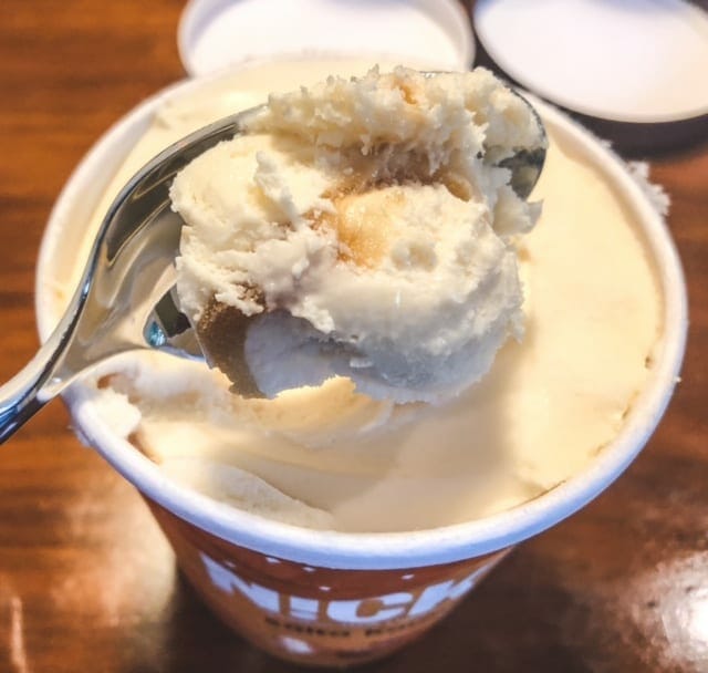 salta karmell ice cream on spoon-nicks ice cream reviews-mealfinds