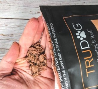 trudog-boostme-beef poured out of bag into hand-trudog raw food reviews-mealfinds