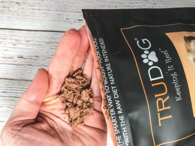 trudog-boostme-beef raw food topper poured into hand-trudog raw food reviews-mealfinds