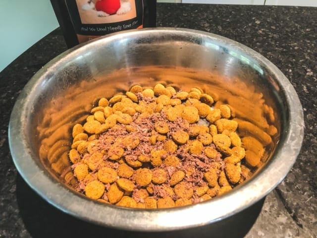 trudog-boostme-beef-topper on kibble in bowl-trudog raw food reviews-mealfinds
