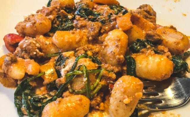 tuscan pork and gnocchi meal on plate-blue apron meal reviews-mealfinds
