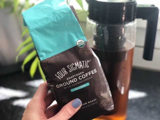 four sigmatic balance ground coffee in front of cold brew-four sigmatic mushroom coffee reviews-mealfinds