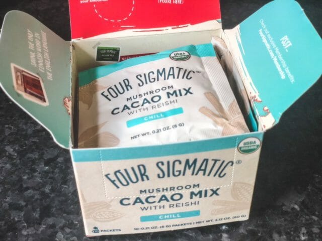 four sigmatic cacao mix with reishi box open-four sigmatic mushroom coffee reviews-mealfinds