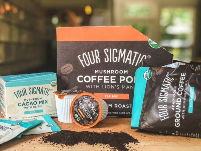 four sigmatic coffee pods ground coffee and cacao mic on counter-four sigmatic mushroom coffee reviews-mealfinds