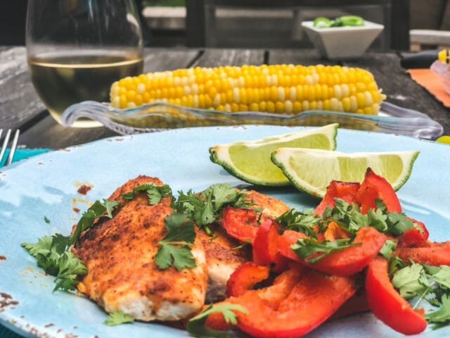 mahi mahi fajitas with peppers and corn on plate--imperfect foods review-mealfinds
