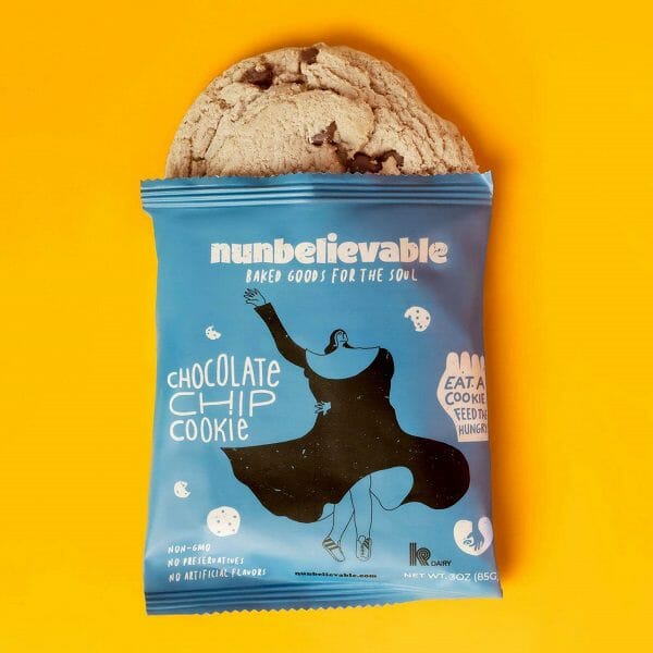 nunbelievable chocolate chip cookie half out of package-nunbelievable cookies reviews-mealfinds