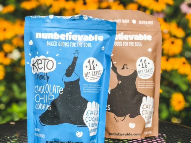 nunbelievable low carb choclate chip cookie and pecan sandy bags-nunbelievable cookies reviews-mealfinds