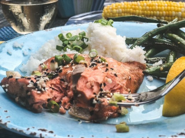 sockeye salmon on plate with rice green beans and corn-good chop reviews-mealfinds