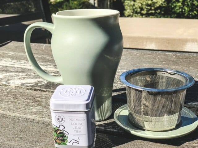 satin tea mug with metal filter and mini tea tin-the tea spot review-mealfinds