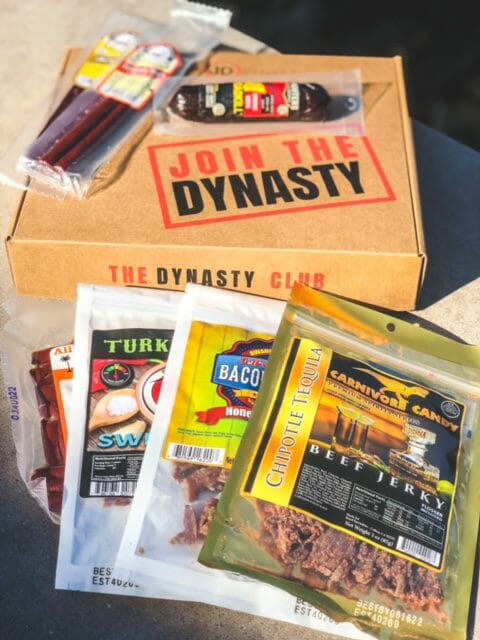 dynasty club jerky on box-Jerky Dynasty Exotic Jerky sampler Box Reviews-mealfinds