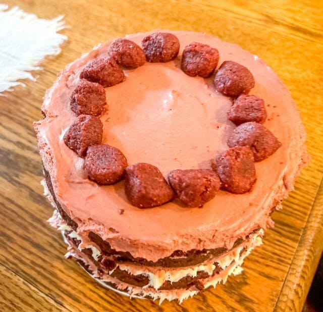top of red velvet milk bar cake-milk bar birthday cake reviews-mealfinds