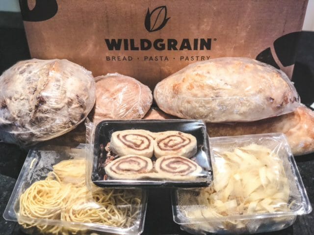 bread pasta and pastry in front of wildgrain box-wildgrain reviews-mealfinds