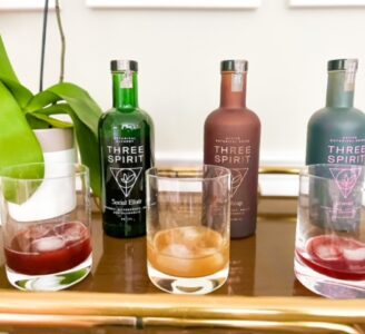 three spirit taste test glasses on bar cart-three spirit drinks review-mealfinds