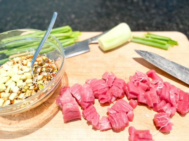 bluefin tuna akami cut up on cutting board-riviera seafood club review-mealfinds