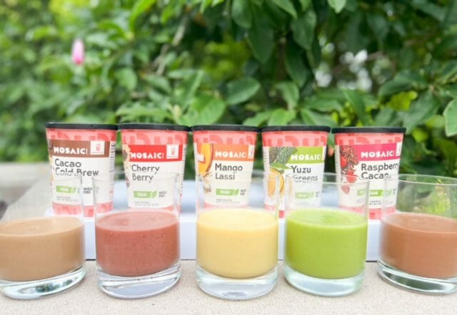 mosaic foods smoothies lined up in glasses-mosaic foods smoothies review-mealfinds