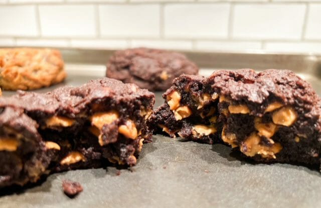 chocolate peanut butter cookie on baking sheet-levain bakery cookies delivery review-mealfinds