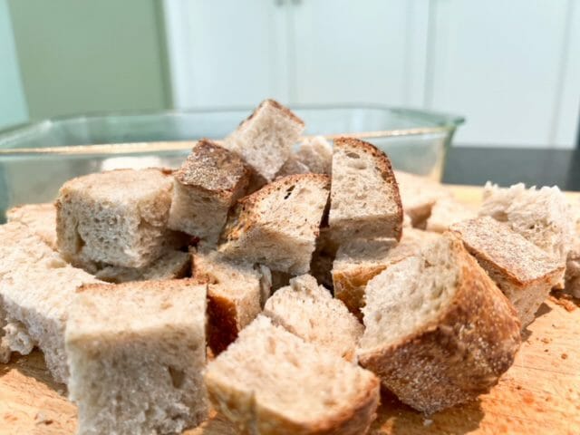 cubed bread-sourdough bread french toast casserole recipe-mealfinds