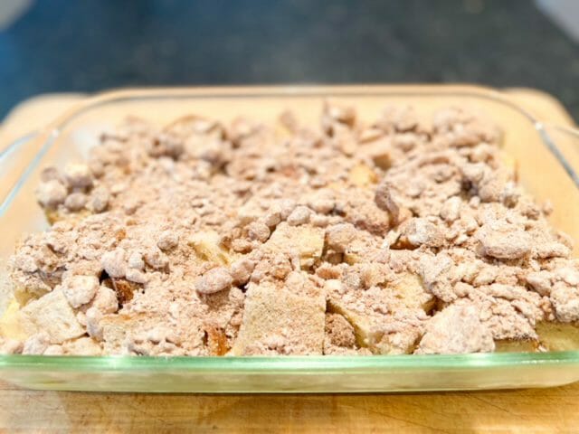french toast casserole going into oven-sourdough bread french toast casserole recipe-mealfinds