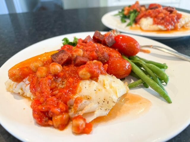 cod chorizo and chickpea meal plated-georgie and toms reviews-mealfinds